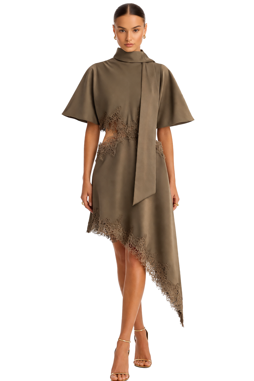 satin asymmetric midi dress Women's DOORBUSTER Metallic Moment Asymmetric Satin Midi Dress in Taupe
