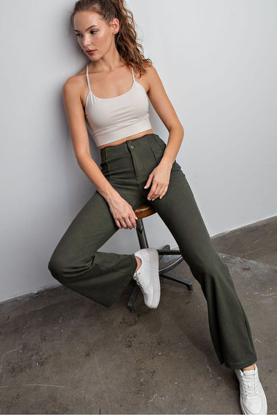Olive Cotton Stretch Flare Pants