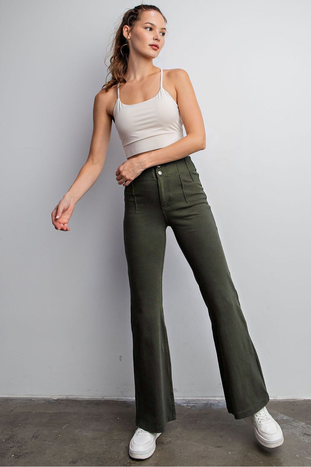 Olive Cotton Stretch Flare Pants