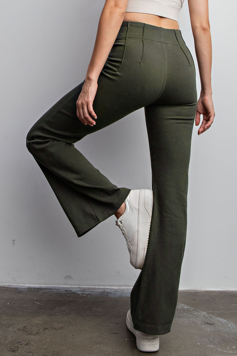 Olive Cotton Stretch Flare Pants
