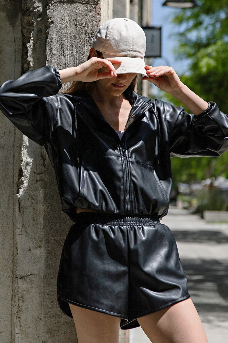 Cropped Leather Hoodie Jacket