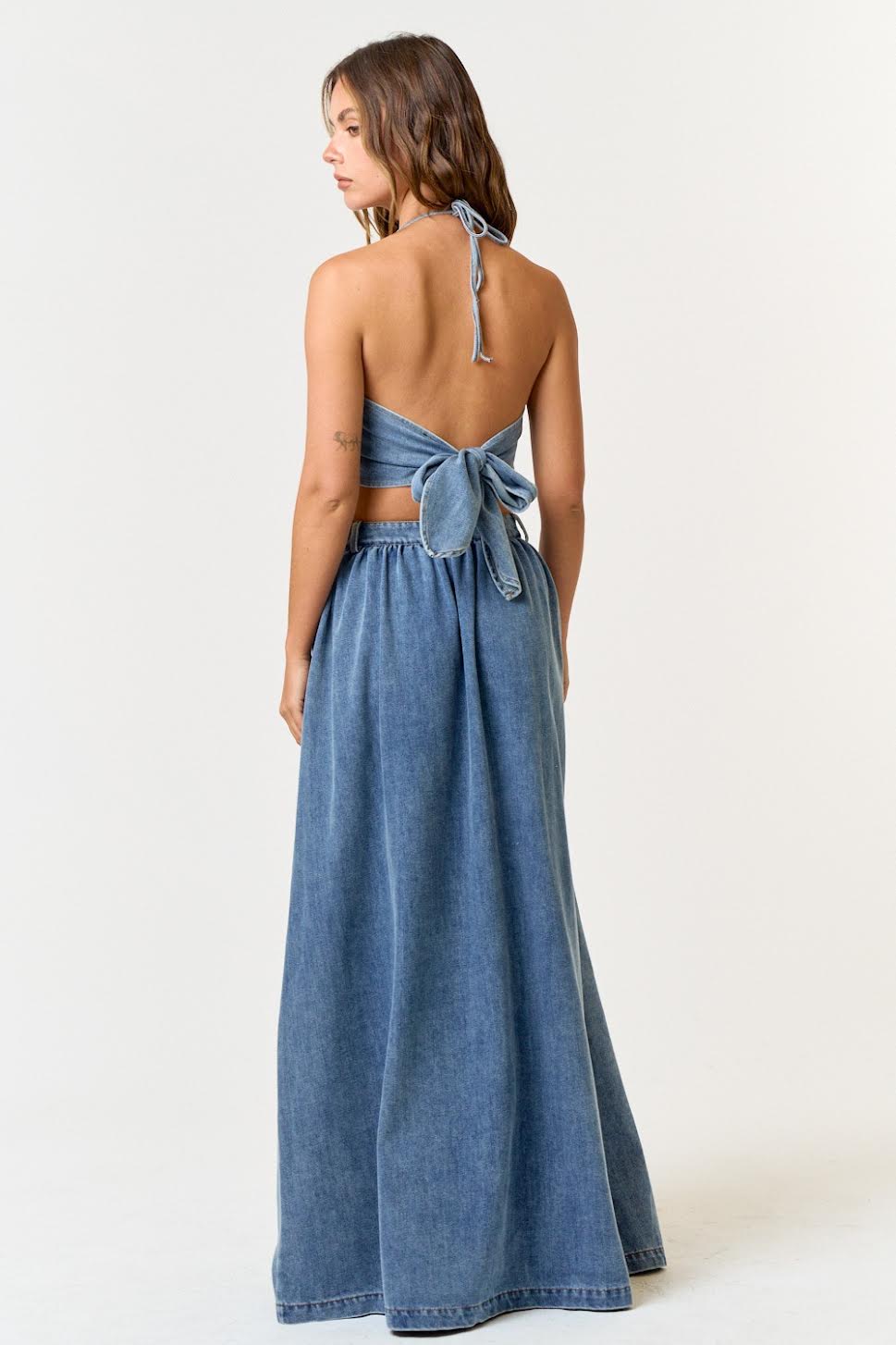 Denim Halter Top with Maxi Skirt Set