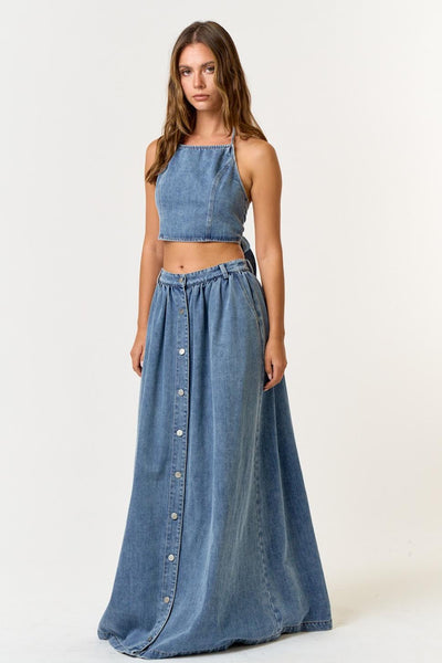 Denim Halter Top with Maxi Skirt Set