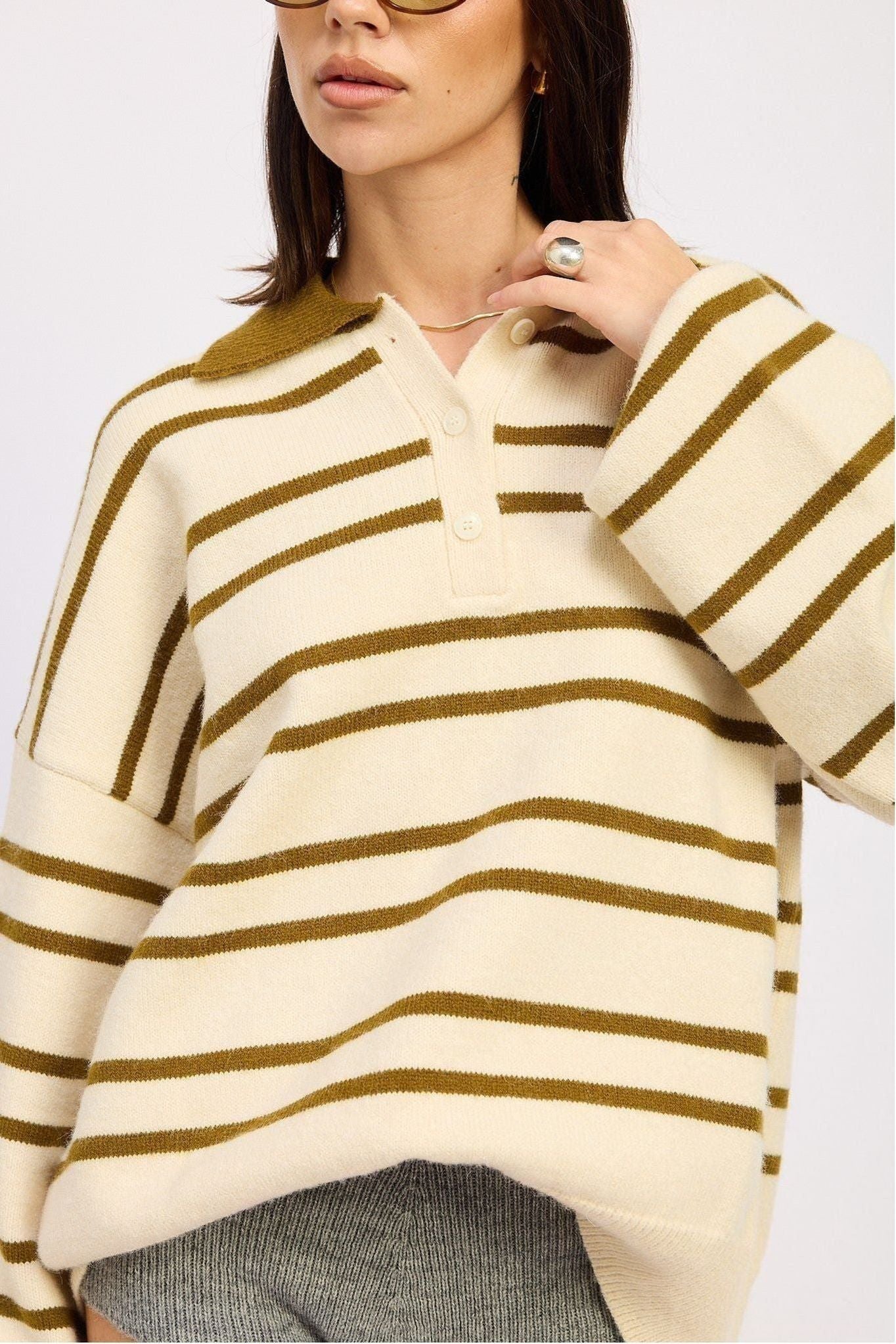 Olive Stripe Polo Knit