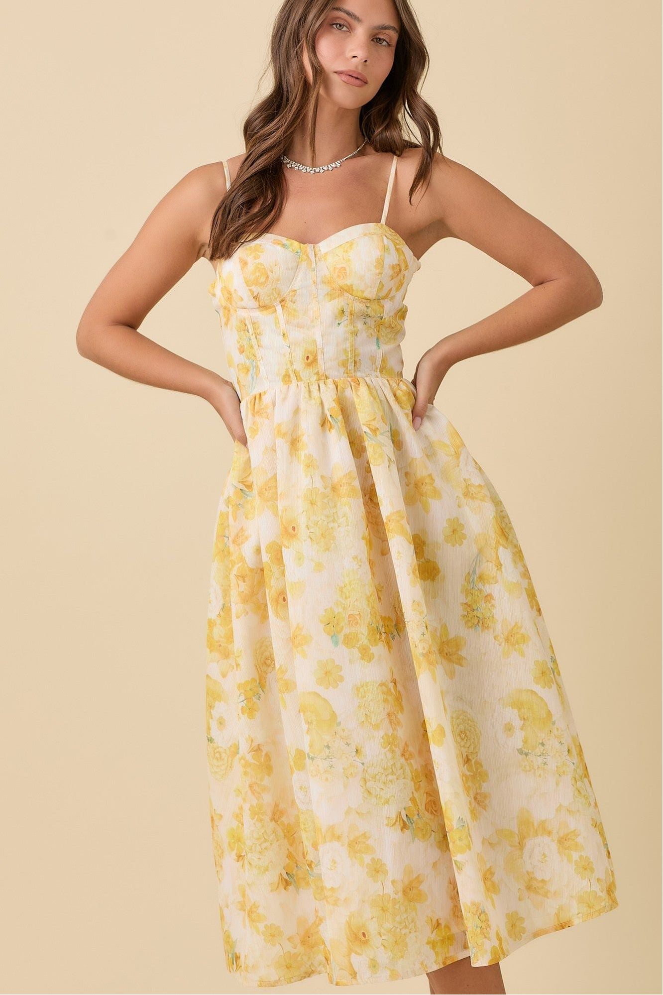 Yellow Floral Bustier Midi Dress