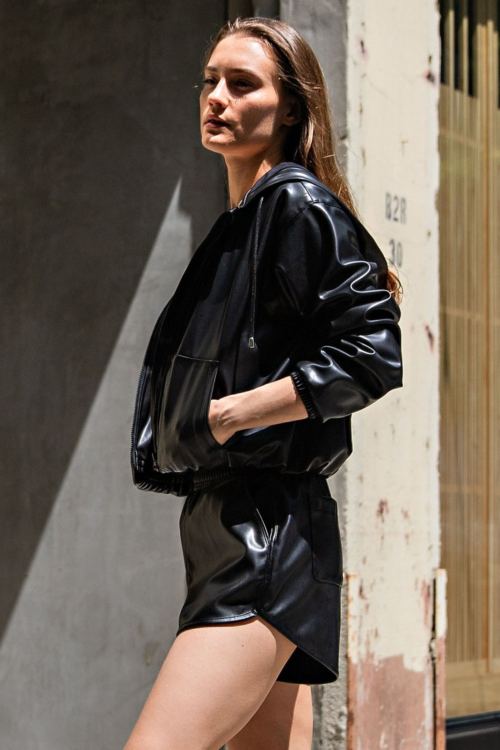 Cropped Leather Hoodie Jacket