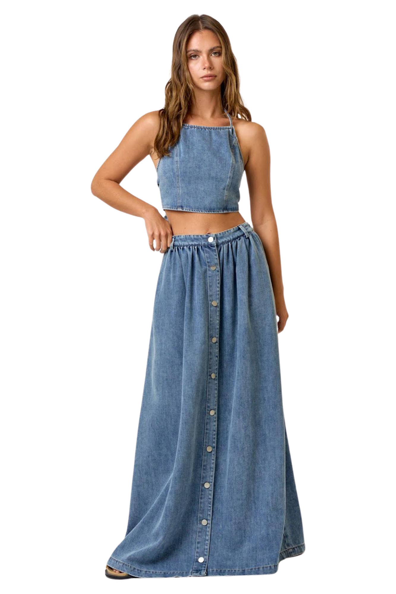 Denim Halter Top with Maxi Skirt Set