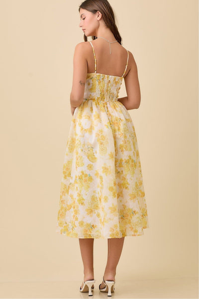 Yellow Floral Bustier Midi Dress