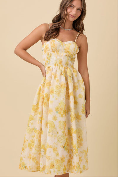 Yellow Floral Bustier Midi Dress