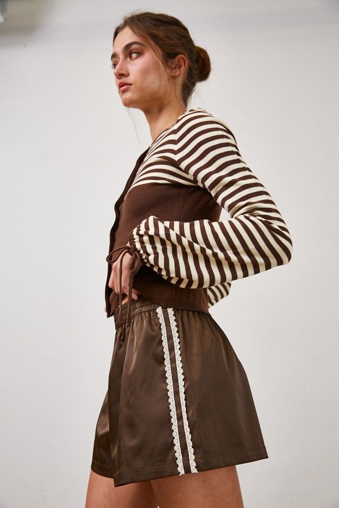 Mocha Satin Lace Trim Shorts