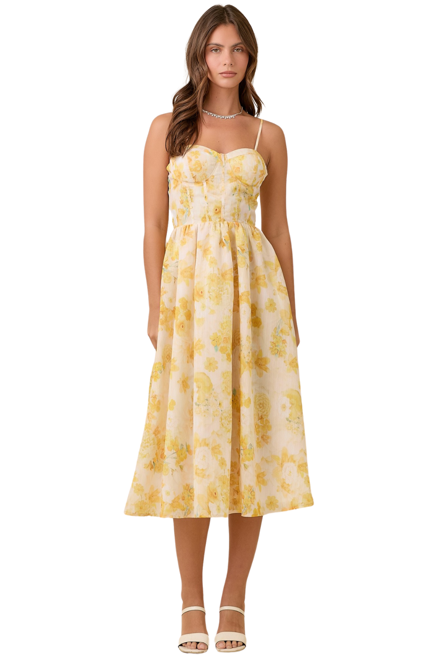 Yellow Floral Bustier Midi Dress