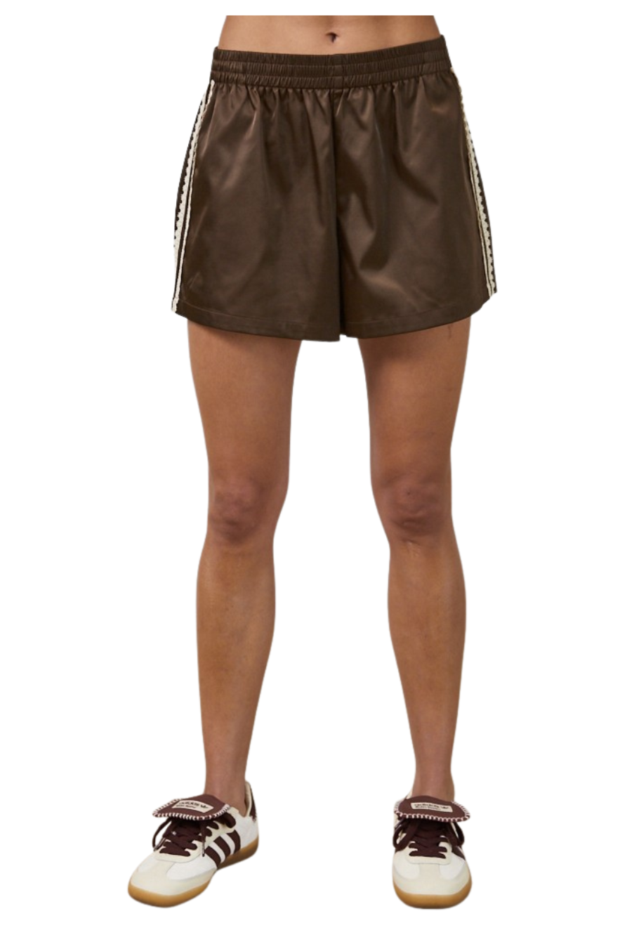 Mocha Satin Lace Trim Shorts