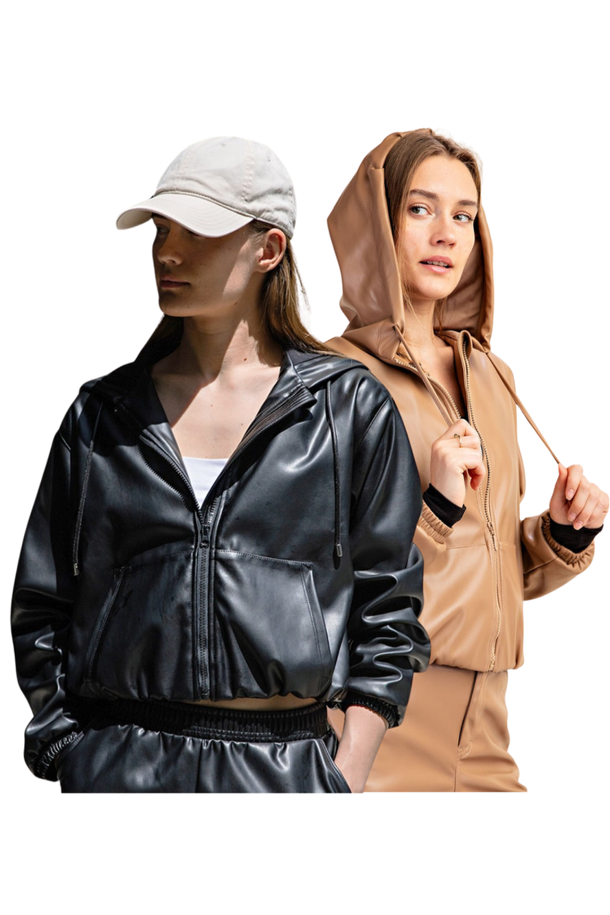 Cropped Leather Hoodie Jacket