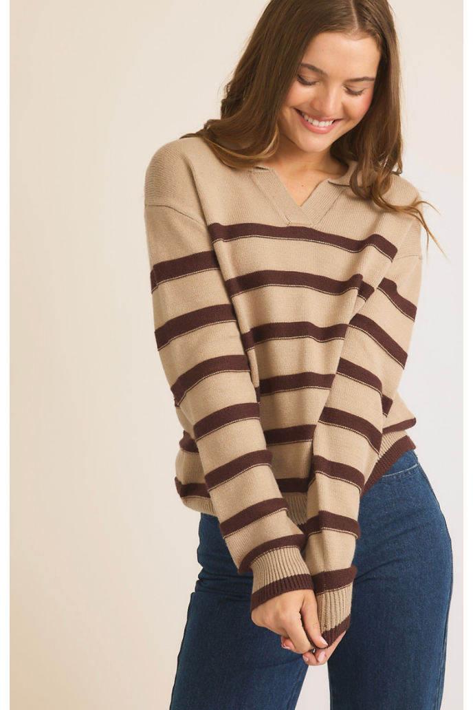 Turn Down Collar Striped Sweater