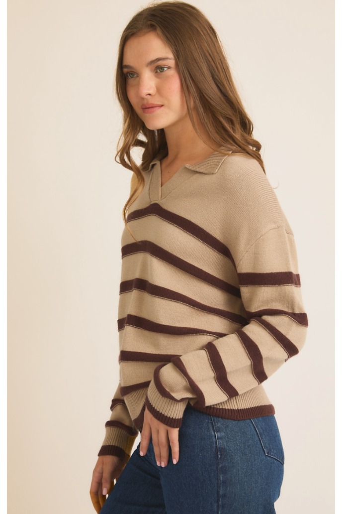 Turn Down Collar Striped Sweater