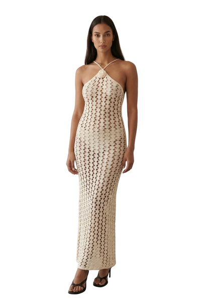 Ivory Crochet Halter Maxi Dress Large