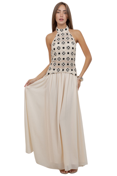 Cream & Black Crochet Halter Maxi Dress Small