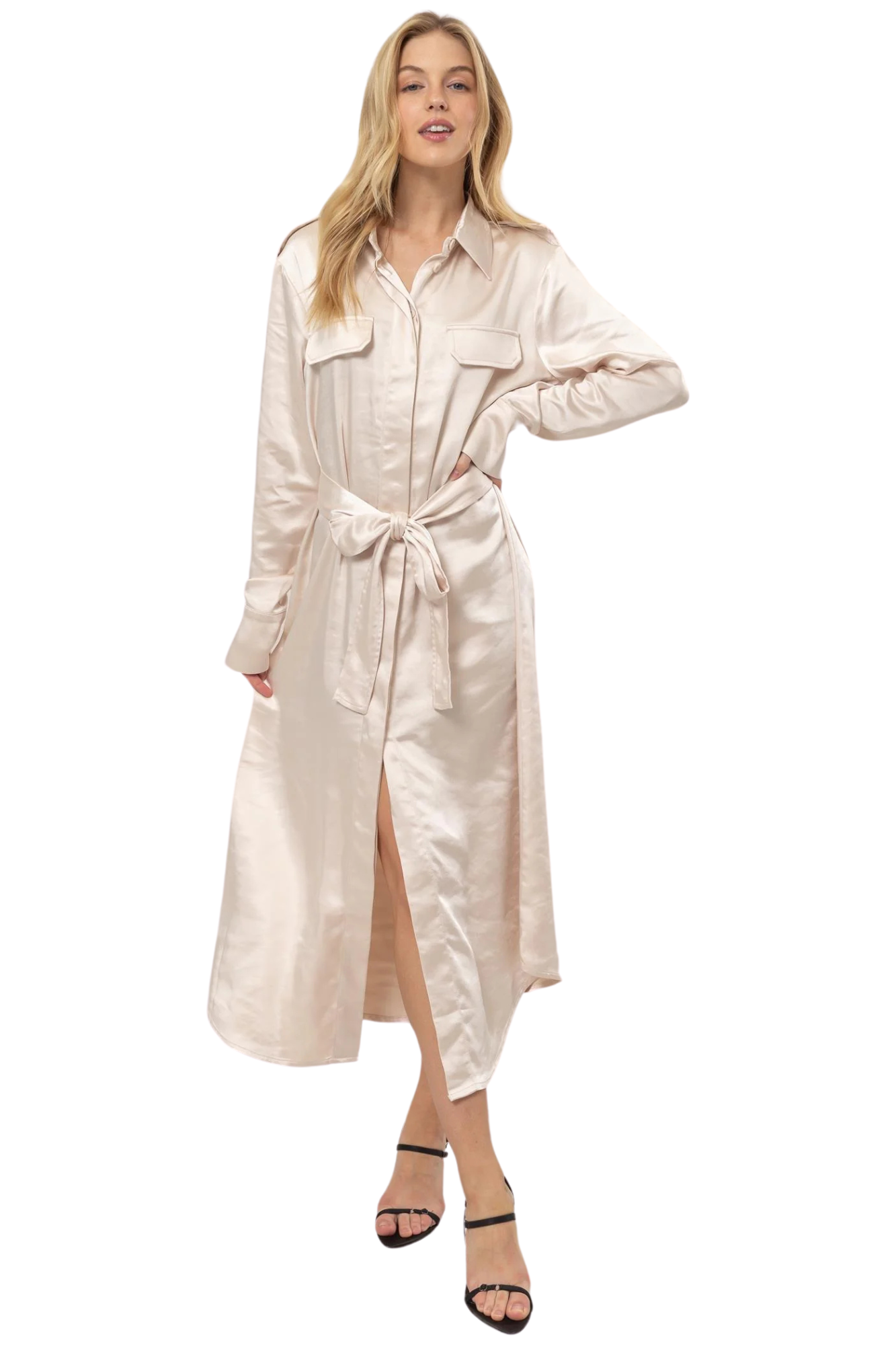 Matte Satin Belted Midi Shirt Dress