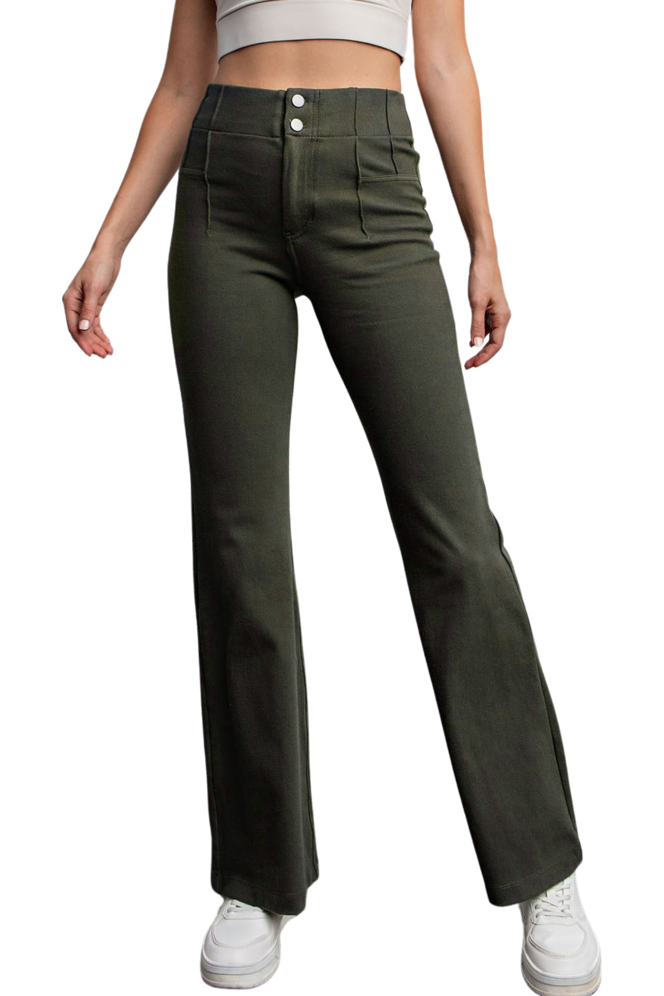 Olive Cotton Stretch Flare Pants
