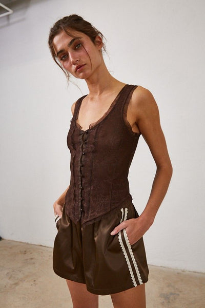 Mocha Satin Lace Trim Shorts