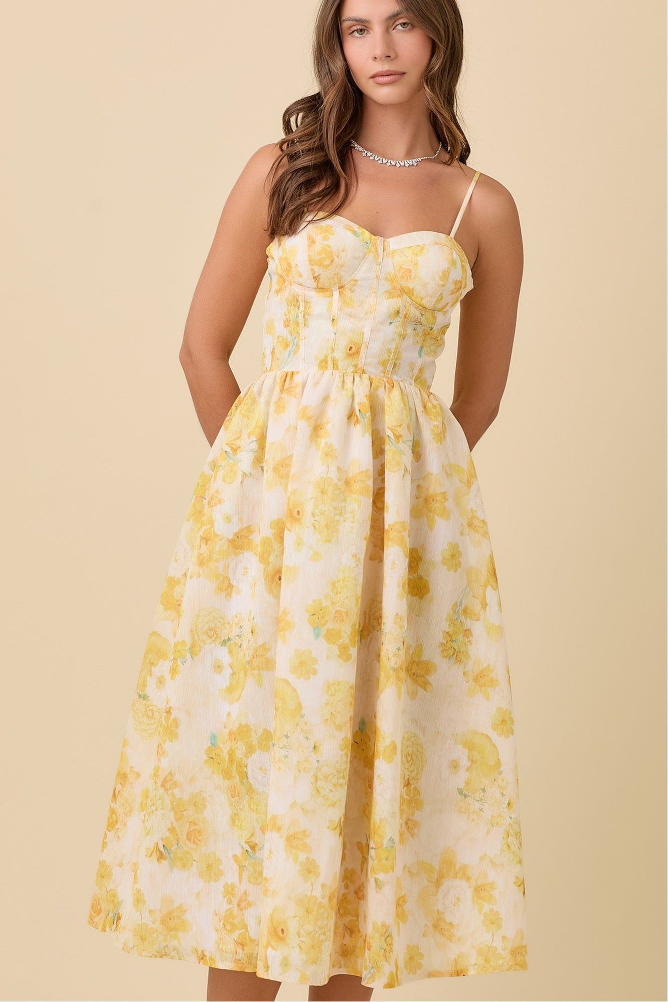 Yellow Floral Bustier Midi Dress